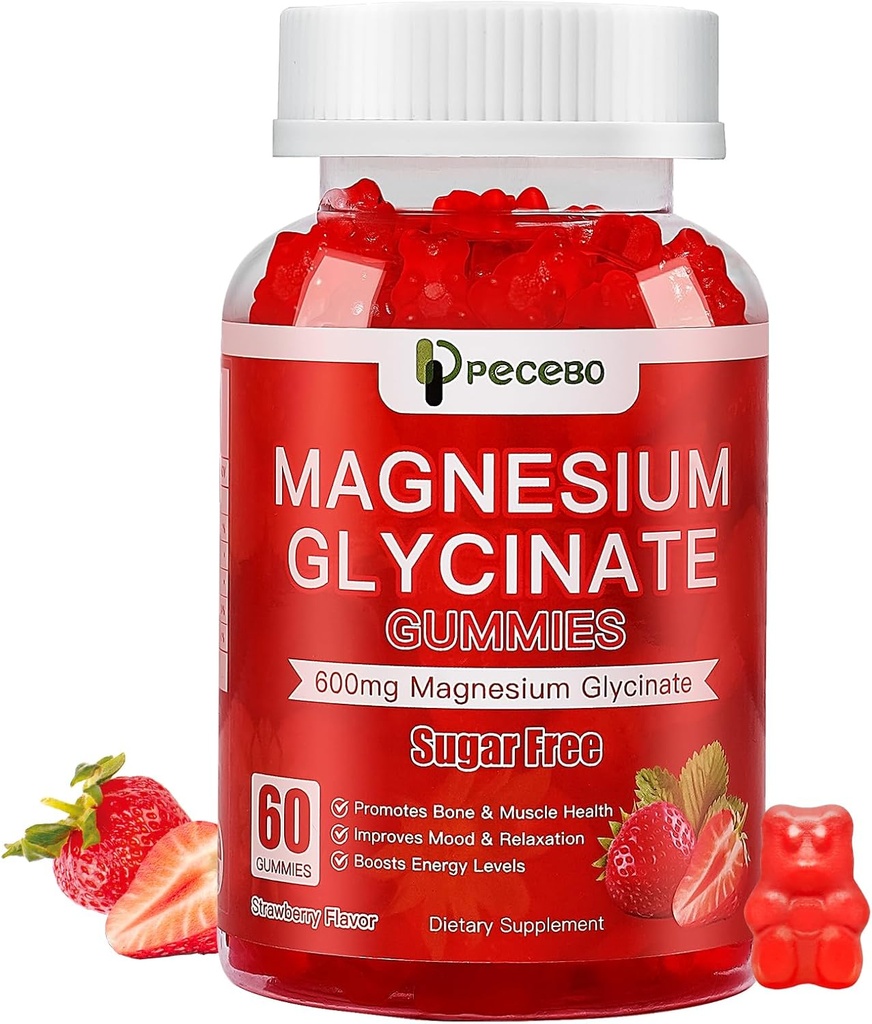 Magnesium Glycinat Gummies 600mg, Sukker fri Magnesium Gummies for voksne, Høj Absorption Magnesium tillæg for stress & muskel Relief & nerve sundhed, Non- GMO, Gluten Free, Vegan, 60 Greve
