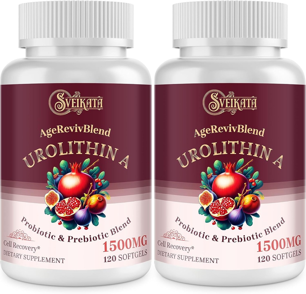 Urolithin A Supplement 1500mg - Avanceret Urolithin Formel med Probiotic & Prebiotic Complex og 30% Pomegranate Extract - for Energy, Mitokondriel & Antioxidanter - 120 Softgels (2 flasker)