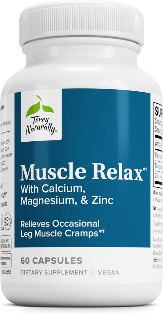 Terry Naturally Muscle Relax - Supplement to Support Nervous System, Muscle Relaxation & Sleep - Muscle Relaxant Supplement with Calcium, Magnesium & ZInc - Respiratory Health Aid - 60 Capsules