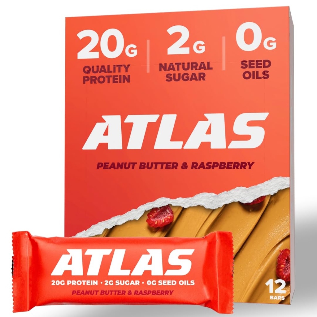 Atlas Protein Bar, 20g Protein, 1g Sukker, Rene ingredienser, Gluten Free (Peanut Butter Hindbær, 12 Greve (Pack of 1))
