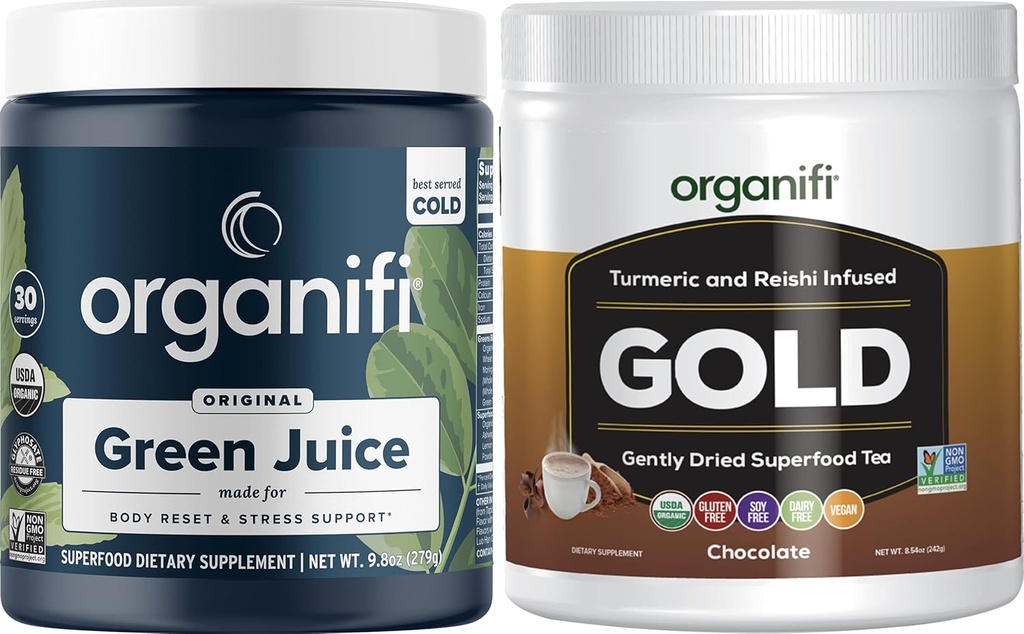 Organifi Green Juice Superfood Powder (30 Servere) og Gold Chocolate (20 Servere) - Vægt Kontrol, Detox Rense, Restaured Sleep, Stress Relief og Immunity Support - Gluten Free, Vegan, Hele fødevarer