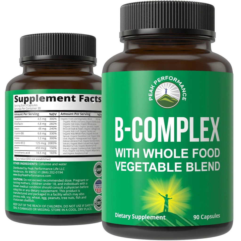 B-vitaminkapsler + hel fødevareblanding af 25 grøntsager og frugter til Max Absorption. Bedste Vegan B- Complex supplement med vitamin B1, B2, B3, B5, B6, B7, B9 og B12. 90 kapsler. Energiboost