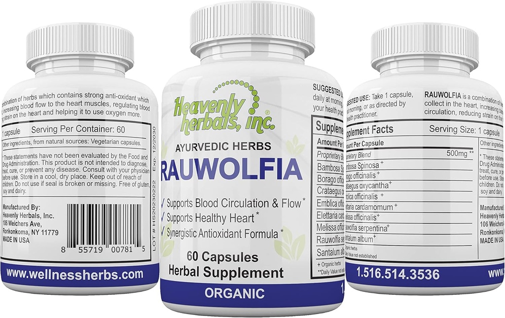 Rauwolfia Capsules, Organic Herbal Supplement - Rauwolfia Serpentina Blend - Ayurvedic Herb & Natural Remedy - Blood Circulation Support & Flow - Natural Heart Health - 60 Ct