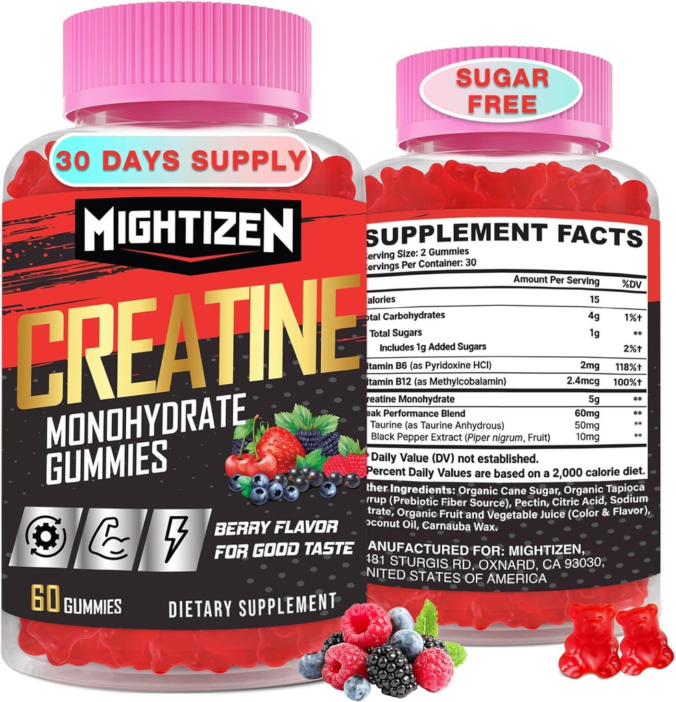 Creatin monohydrat Gummier for mænd og kvinder, Creatin for kvinder Chewables Creatin monohydrat med Taurine & vitamin B12, præ-workout Gummies for Max Strength, Energy & Endurance, Berry 60 Counts