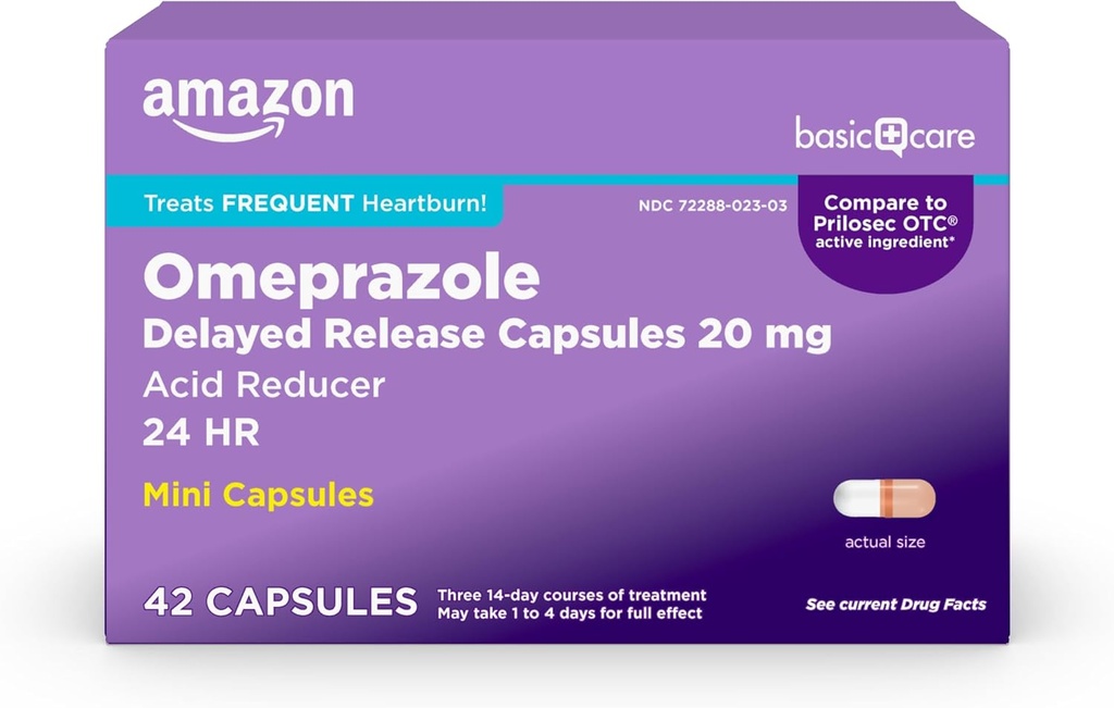 Grundlæggende pleje Omeprazol Forsinket frigivelse Mini kapsler 20 mg, syre Reducer, 24HR Heartburn Relief, 42 Count Pack