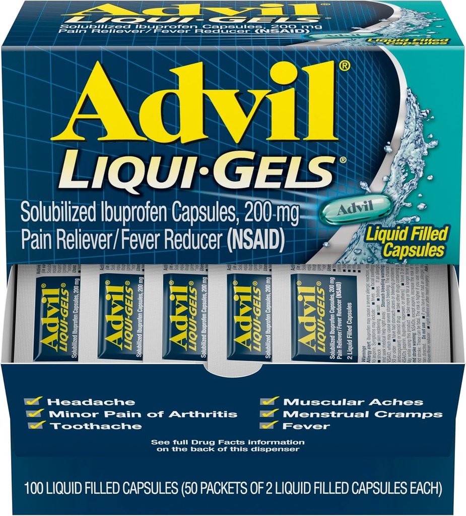 Advil Liqui- Gels Pain Reliever og Fever Reducer, Smertemedicin for voksne med Ibuprofen 200 mg for hovedpine, Backache, menstruationssmerter og fælles smertelindring - 50x2 Væskefyldte kapsler