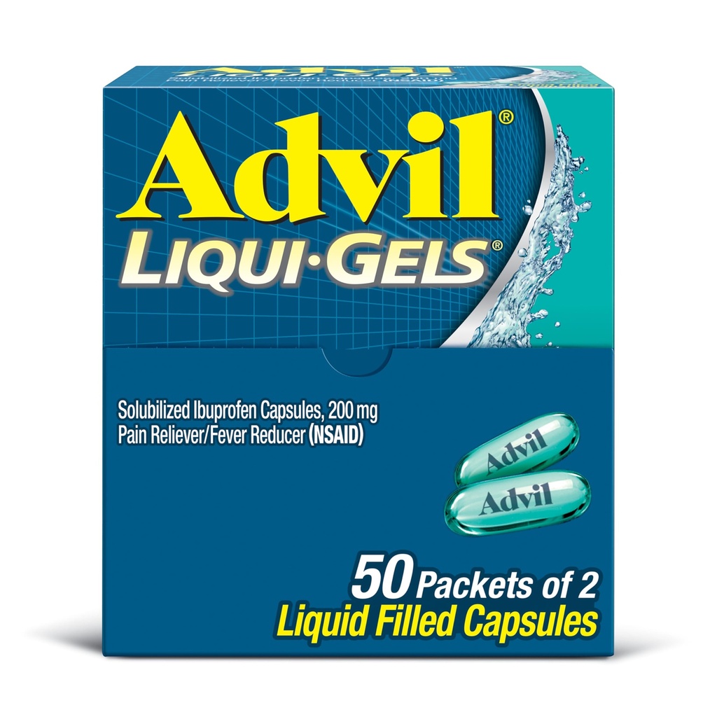 Advil Liqui- Gels Pain Reliever og Fever Reducer, Smertemedicin for voksne med Ibuprofen 200 mg for hovedpine, Backache, menstruationssmerter og fælles smertelindring - 50x2 Væskefyldte kapsler