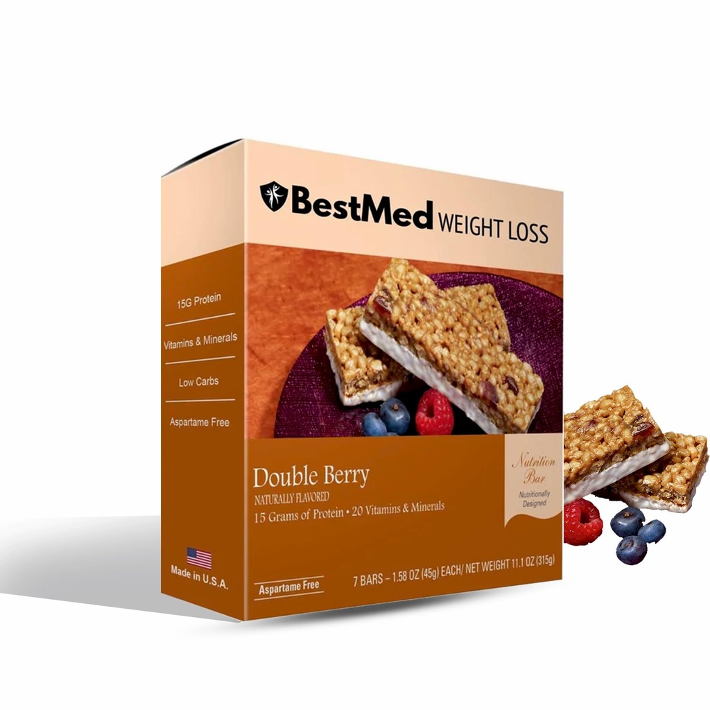 BestMed - High Protein Nutrition Bar - Low- Carb, 15g Protein, Low Sugar, High Fiber, Low Calorie, Meal Erstatning Bar (Dobbelt Berry, 1 Box - 7 Greve)