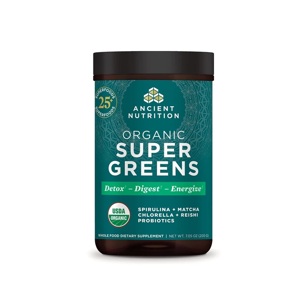 Ancient Nutrition Super Green Powder, Organic Superfood Powder med Probiotika Lavet med Spirulina, Chlorella, Matcha, og fordøjelige enzymer, 25 Servere, 7.05oz
