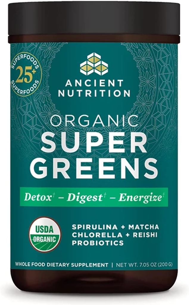 Ancient Nutrition Super Greens Powder, Organic Superfood Powder with Probiotics Made with Spirulina, Chlorella, Matcha, and Digestive Enzymes, 25 Servings, 7.05oz