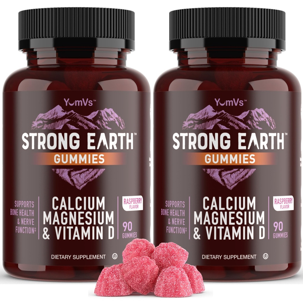YUM- V 's Stærk Earth Calcium, Magnesium, D3- Gummies Vitamin - Vitamin Gummies Calciumsupplement til Stærk Bone Health Gummies - Kosher 90 Greve (pakke med 2)