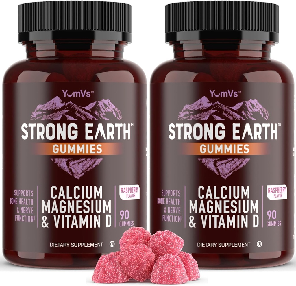 YUM- V 's Stærk Earth Calcium, Magnesium, D3- Gummies Vitamin - Vitamin Gummies Calciumsupplement til Stærk Bone Health Gummies - Kosher 90 Greve (pakke med 2)