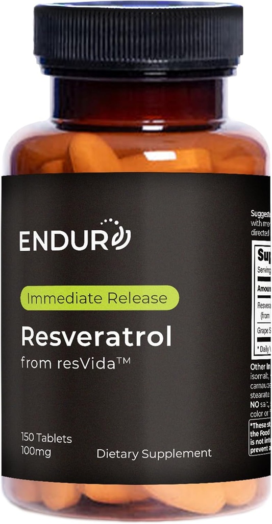 Endur Resveratrol, Sund Aging & Kardiovaskulær Support, Instant Release Antioxidant Grape Skin Extract, Gluten Free, 100mg (150 tabletter)