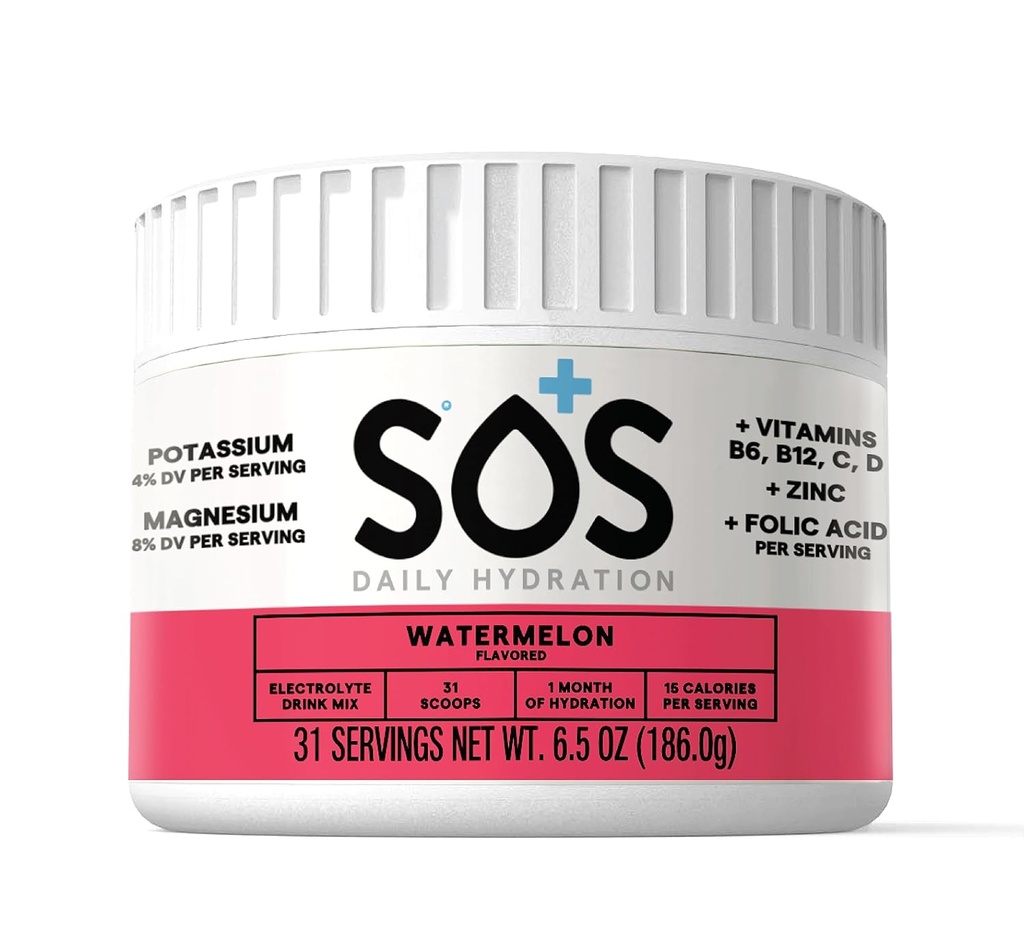 SOS Hydration Electrolyte Drink Mix | 31 Servings | Low Sugar | 15 Calorie | Keto-Friendly & Rapid Rehydration | Watermelon