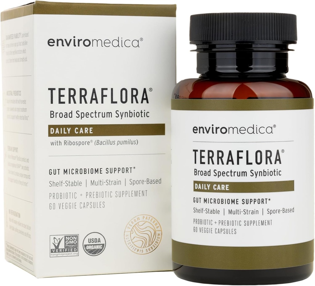 Terraflora Daglig pleje synbiotik af probiotika og prebiotika for kvinder og mænd 60 ct, Jord baseret, Hylde Stable, allergen Friendly Spore baseret supplement Kapsler fremme Gut sundhed af Enviromedica