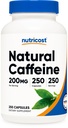 Nutricost Natural Coffein 200mg, 250 vegetariske kapsler - Gluten Free, Non- GMO