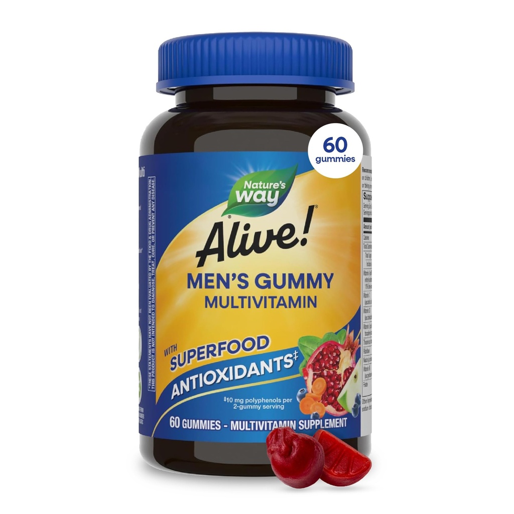 Nature’s Way Alive! Men’s Multivitamin Gummies, Daily Gummy Vitamin for Men, Supports Cellular Energy Metabolism, Immune Health, Muscle Function*, With Vitamins A, C, D3, Zinc, Vegetarian, 60 Count