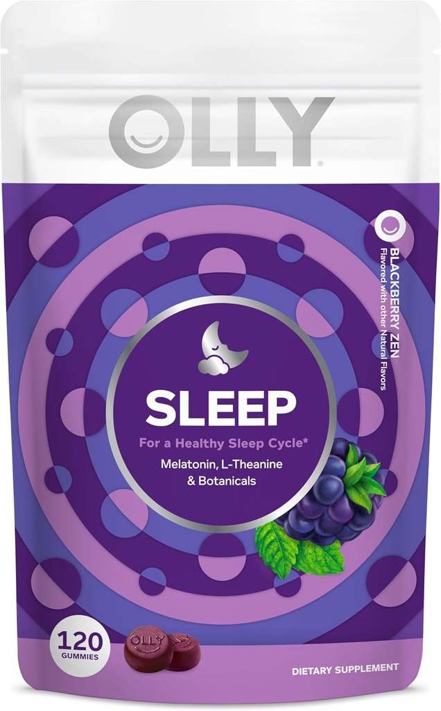 Olly Sleep Gummy, 3 mg Melatonin, L- Theanin, Kamille og Lemon Balm Ekstrakter, BlackBerry Flavor, 60 dages forsyning - 120 Greve