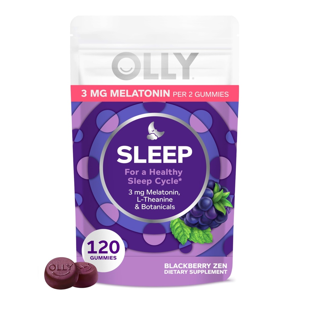 Olly Sleep Gummy, 3 mg Melatonin, L- Theanin, Kamille og Lemon Balm Ekstrakter, BlackBerry Flavor, 60 dages forsyning - 120 Greve