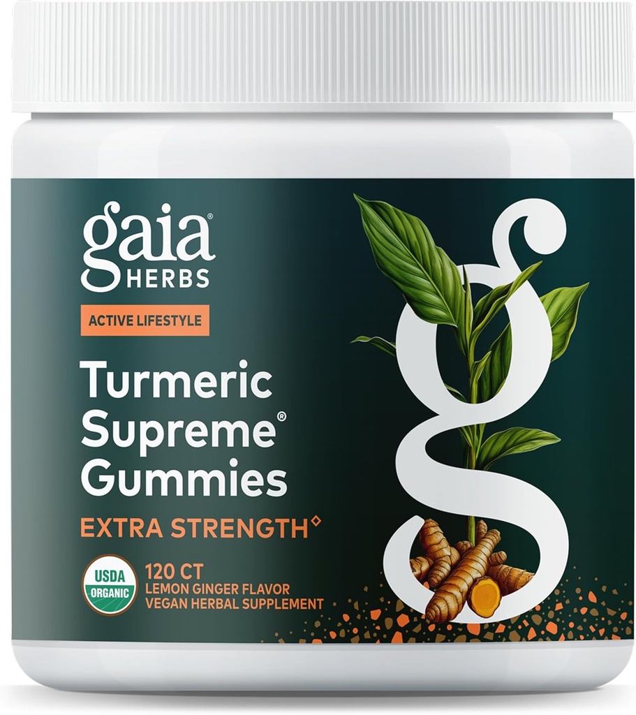 Gaia urter gurkemeje Supreme Extra Strength Gummies - Understøtter Hævelse Relief til at hjælpe med at bevare en aktiv livsstil - Lemon Ginger Flavor - 120 Vegansk Økologisk Gummies (40-dages Tilgang)