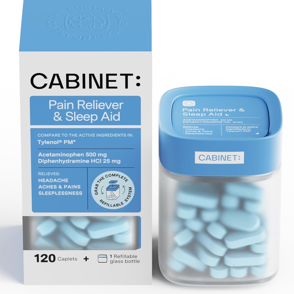 Kabinet: Nighttime Pain Reliever PM and Sleep Aid for Heaaches, Migræne Relief, Aches, and Pains Medical 124; Acetaminophen 500mg, Diphenhydramin HCl 25mg, 120 Caplets (Starter Kit)