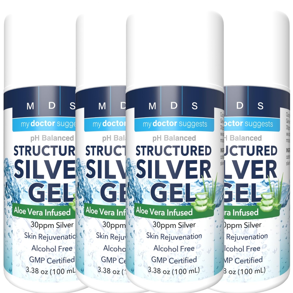 Ekstra styrke Kolloid Sølv Gel 30ppm med Aloe Vera - pH Balanceret struktureret sølv - Triple Strength Sothe & Relieve - Nem pumpe flaske, 3.38Oz (4 Pack)