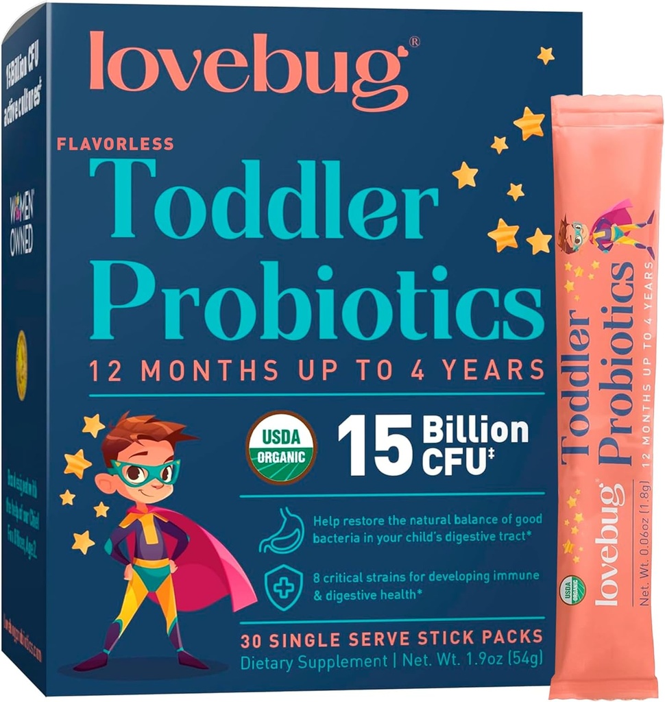 Lovebug Kids Probiotiske Pulver med Prebiotic Fiber - Toddler Immunity Support & Forstoppelse Relief - USDA Organic Probiotika til Childrens Gut & fordøjelsessygdomme (Age 1-4) - 30 Pack (Ikke aromatiseret)