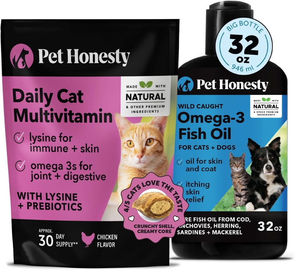 Cat Multivitamin Chews + Omega 3 Fish Oil Supplement for Dogs & Cats - Cat Treats for Health, Immune, Joint Support, Skin & Coat, Digestion, and Overall Wellness | Chicken (30-Day Supply)
