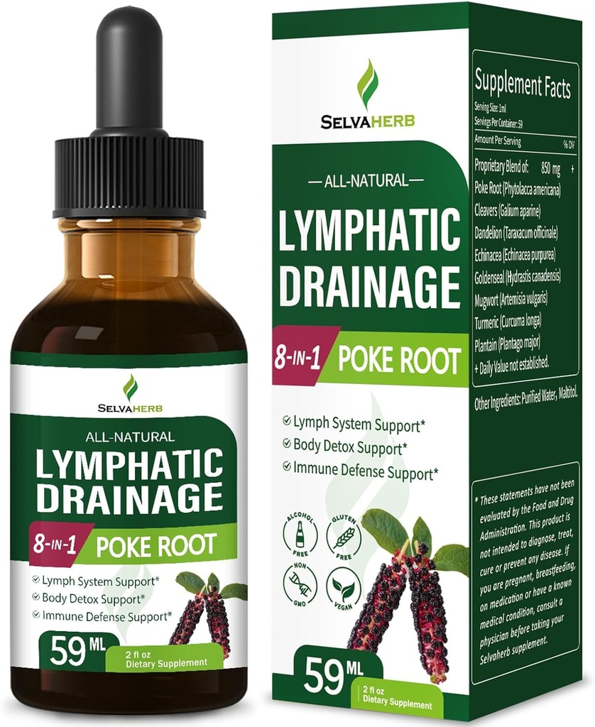 Poke Root Herb Lymphorous Drainage Drops til Lymph System Support, 8- in-1 Optimeret Herbal Formel Supplement tinktur for Body Detox & immunsupport w / Cleavers Echinacea Extract. 2oz