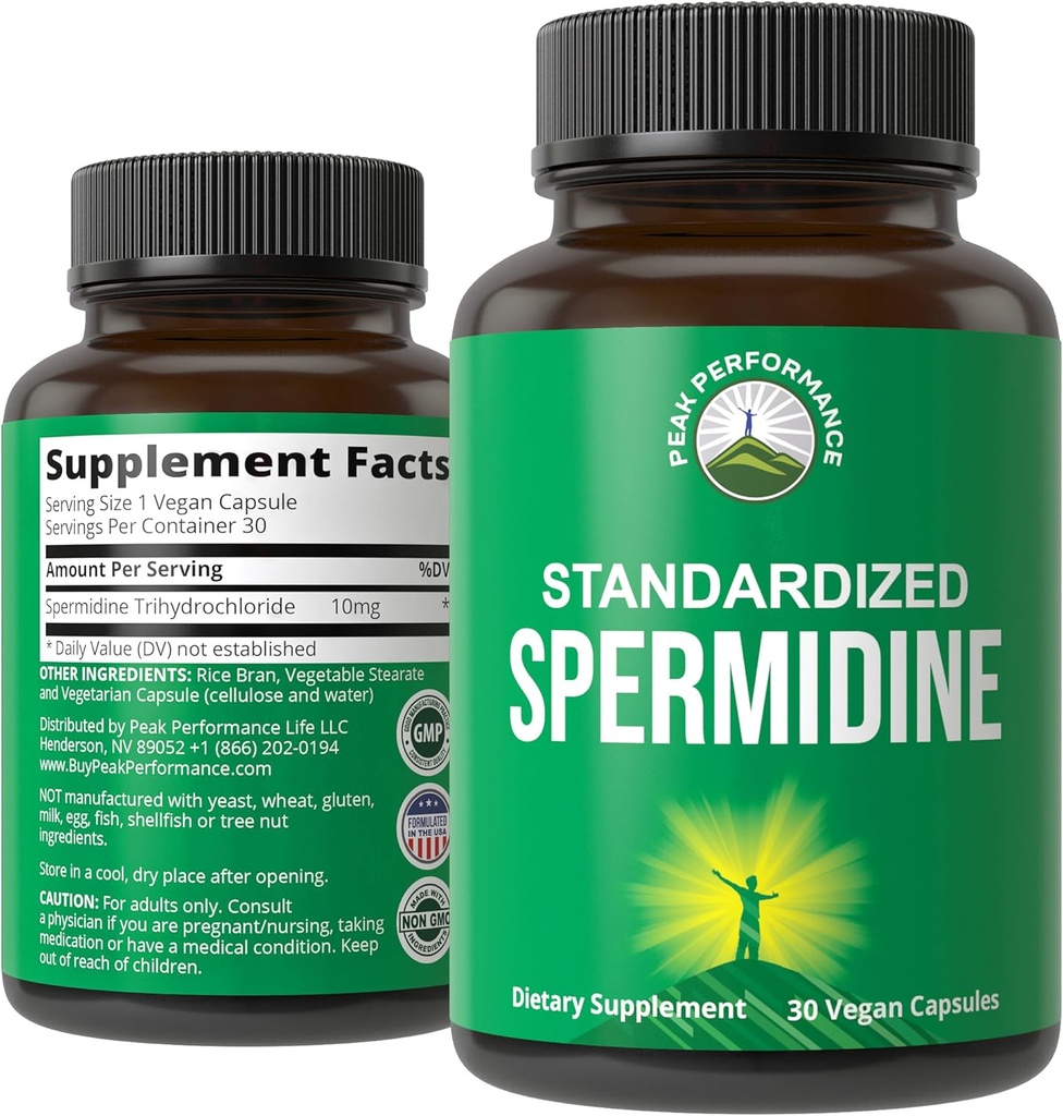 Spermidin Supplement Ultra High Strength Standardiseret til 99% Spermidin Trihydrochlorid. Mere Potent end hvede Germ Extract. Veganske kapsler til sund aldring, lang levetid. USA Testede kosttilskud