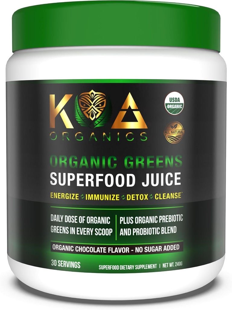 Green Superfood Juice Powder - USDA Organic Super Green Powder med Spirulina, Chlorella, Matcha, Hvede Grass, fordøjelsesfremmende enzymer & probiotika - Chokolade Flavor -30 Serv