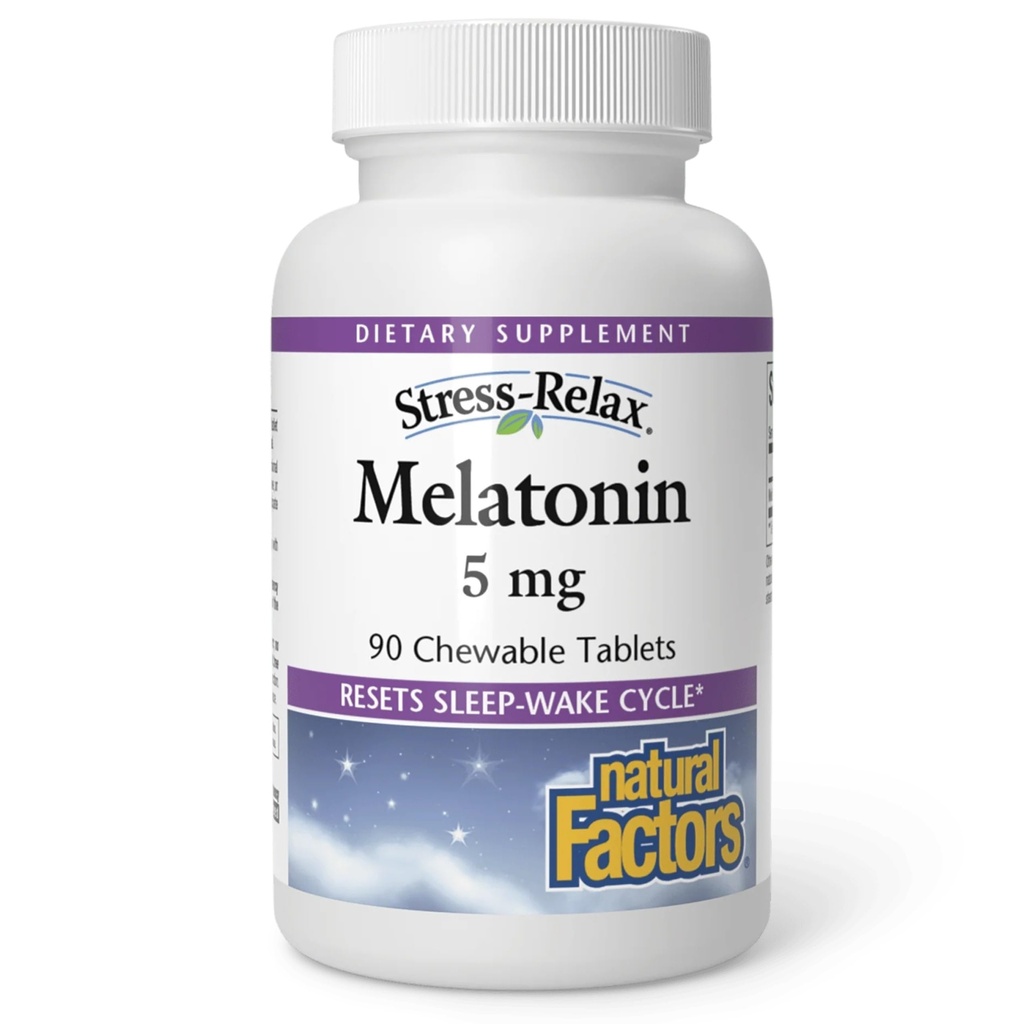 Stress- Relax Melatonin 5 mg af naturlige faktorer, Natural Sleep Aid, Nulstiller Sleep- Wake Cycle, 90 tyggetabletter (90 portioner), Pebermynte Flavor