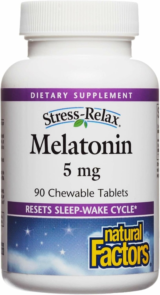 Stress- Relax Melatonin 5 mg af naturlige faktorer, Natural Sleep Aid, Nulstiller Sleep- Wake Cycle, 90 tyggetabletter (90 portioner), Pebermynte Flavor