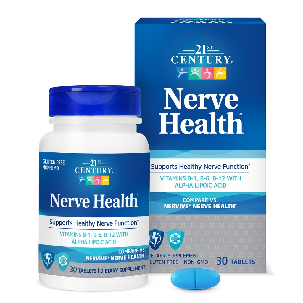 21. Century Nerve Health Tablets (30 Count), Alpha Lipoic Acid 300mg, B1, B6, & B12 Vitaminer til nervefunktion Support, Antioxidant ALA supplement, Gluten Free. Non-GMO, & Vegan