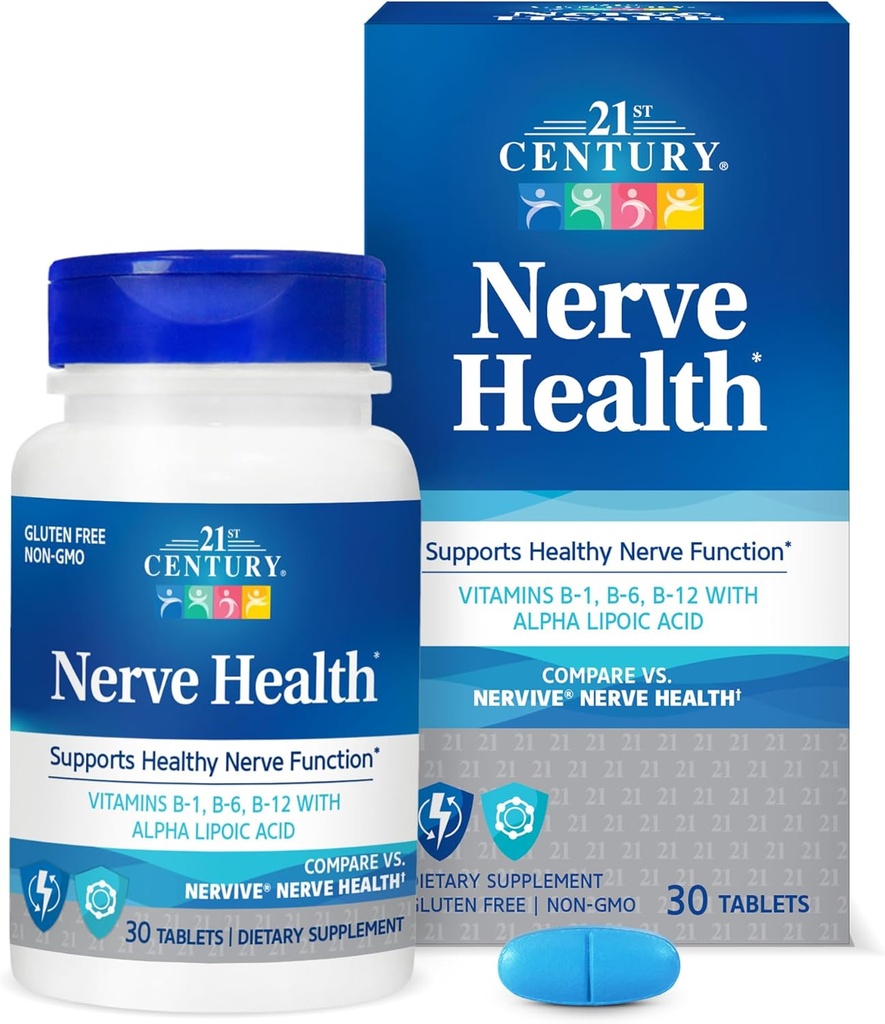 21. Century Nerve Health Tablets (30 Count), Alpha Lipoic Acid 300mg, B1, B6, & B12 Vitaminer til nervefunktion Support, Antioxidant ALA supplement, Gluten Free. Non-GMO, & Vegan