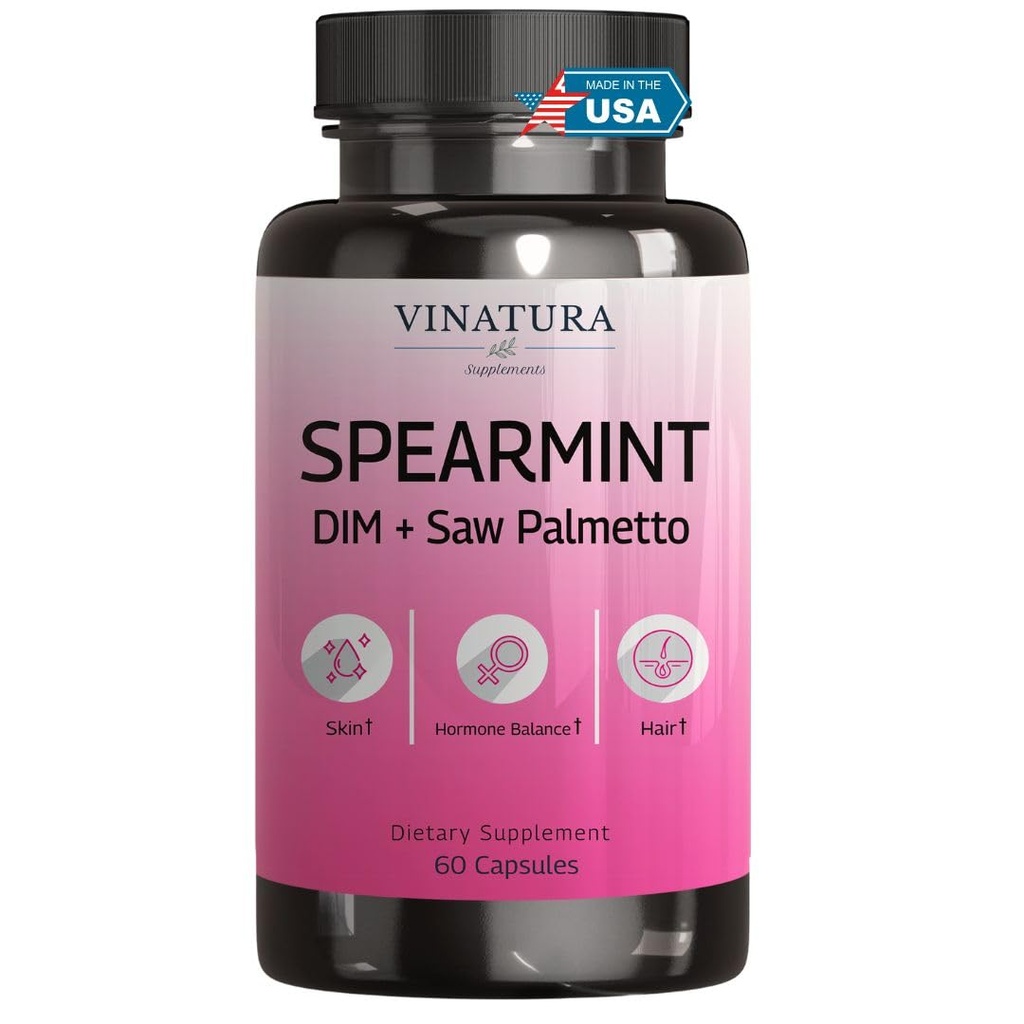 VINATURA Spearmint Leaf kapsler Supplement - Forbedret med DIM & Saw Palmetto, for Uønskede hår, kvinders sundhed & hud * USA Made & Testet * - 1380mg / servering, 60 kapsler (30 Servere)