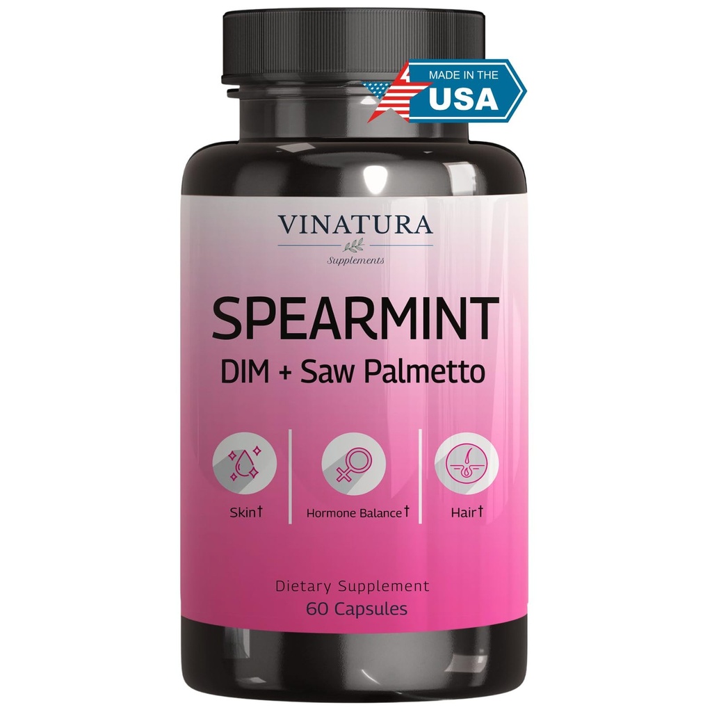 VINATURA Spearmint Leaf kapsler Supplement - Forbedret med DIM & Saw Palmetto, for Uønskede hår, kvinders sundhed & hud * USA Made & Testet * - 1380mg / servering, 60 kapsler (30 Servere)