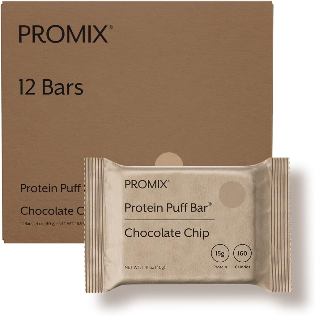 ProMix Nutrition Protein Puff Bars, 12- Pack - Chokolade Chip - Marshmallow Crispy Treat - Great Tasting & Sund On Go Snack - High Protein & Low Calorie - Non- GMO & fri fra gluten, soja, & Corn