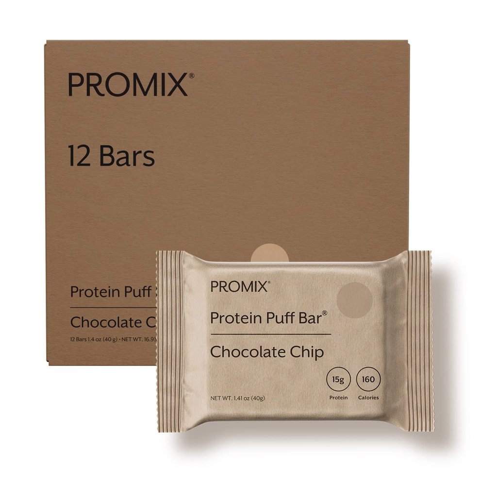 ProMix Nutrition Protein Puff Bars, 12- Pack - Chokolade Chip - Marshmallow Crispy Treat - Great Tasting & Sund On Go Snack - High Protein & Low Calorie - Non- GMO & fri fra gluten, soja, & Corn