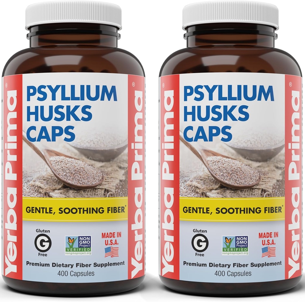 Yerba Prima Psyllium Husks Caps, 625 mg, 400 kapsler (pakke med 2) - Naturfibre til mænd og kvinder - Regularitet Support