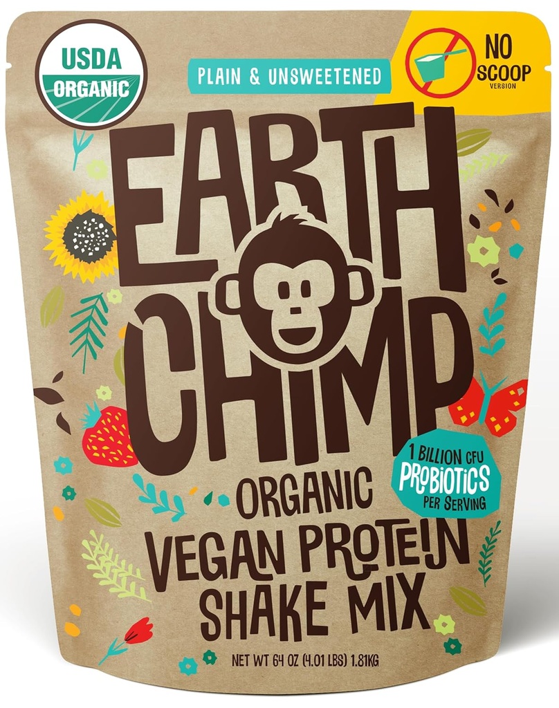 EarthChimp Organic Vegan Protein Powder - med Probiotika - Ikke GMO, Dairy Free, Non Whey, Plant Based Protein Powder for Women and Men, Gluten Free - 52 Servering 64 Oz (Plain & Unsweeted) No Scoop