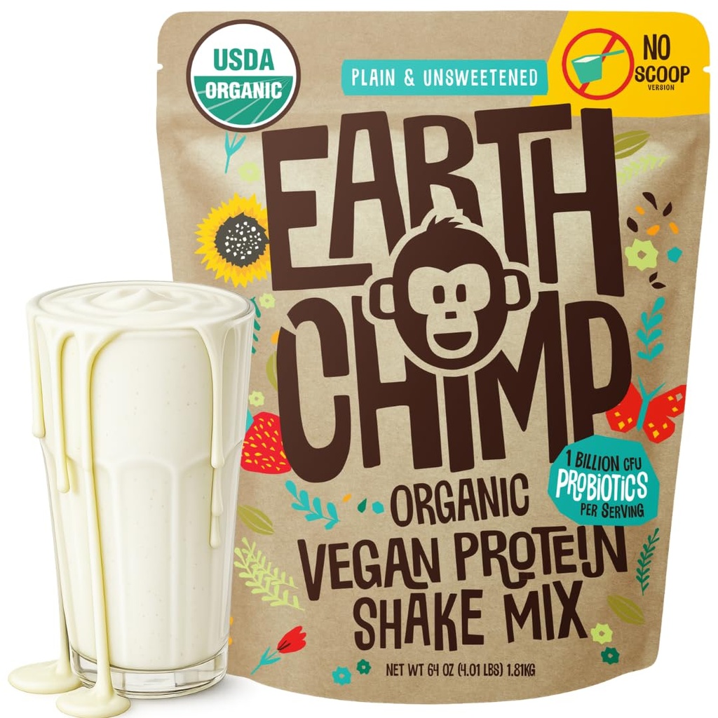 EarthChimp Organic Vegan Protein Powder - med Probiotika - Ikke GMO, Dairy Free, Non Whey, Plant Based Protein Powder for Women and Men, Gluten Free - 52 Servering 64 Oz (Plain & Unsweeted) No Scoop