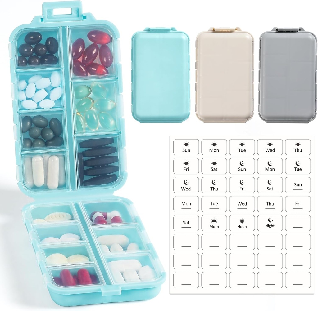3 Pack, 14 GRIDS Travel Pill Organizer Box med etiketter - Travel Medicine Case Kit - Pocket Daily Pharmacy Container - Travel Medication Holder Dispenser for Fish Oil Vitamin Supplement Storage