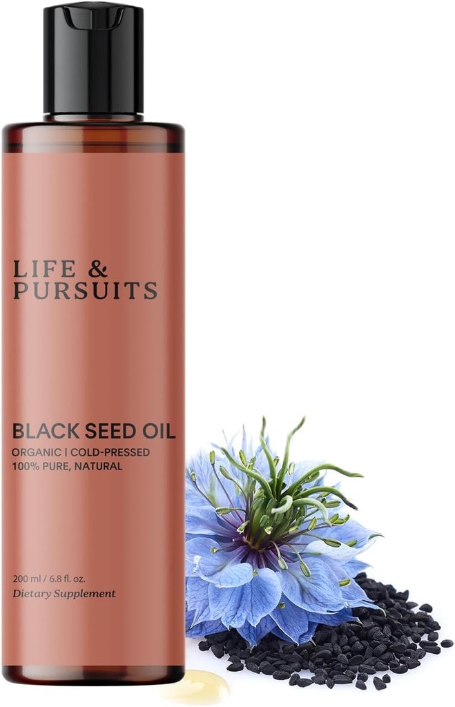 Life & Pursuitets Organic Black Seed Oil (Kalonji) - 100% Pure, Natural, Cold Passed Measures 124; Natural Source of Thymoquinone & Omega 3 6 9 Measures 124; Antioxidant for immunforsvar, Hår & Hud (6.8 Fl Oz)