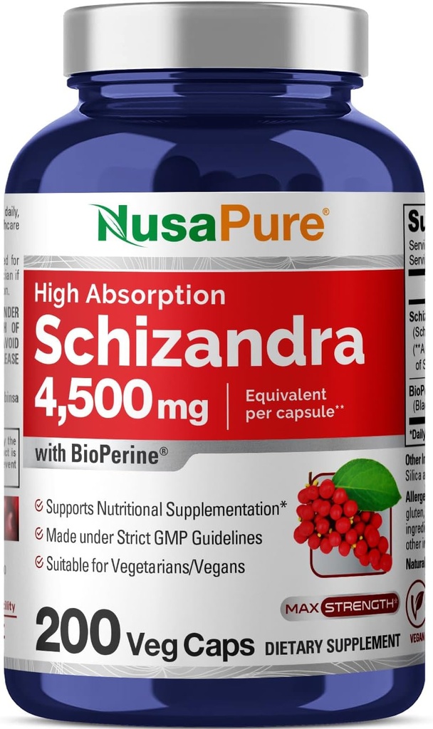NusaPure Schizandra Berries 20: 1 Extract, 225 mg Tilsvarende 4500mg, 200 Vegan Capsules (Non- GMO, Bioperine)