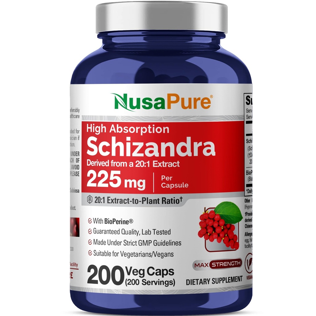 NusaPure Schizandra Berries 20: 1 Extract, 225 mg Tilsvarende 4500mg, 200 Vegan Capsules (Non- GMO, Bioperine)