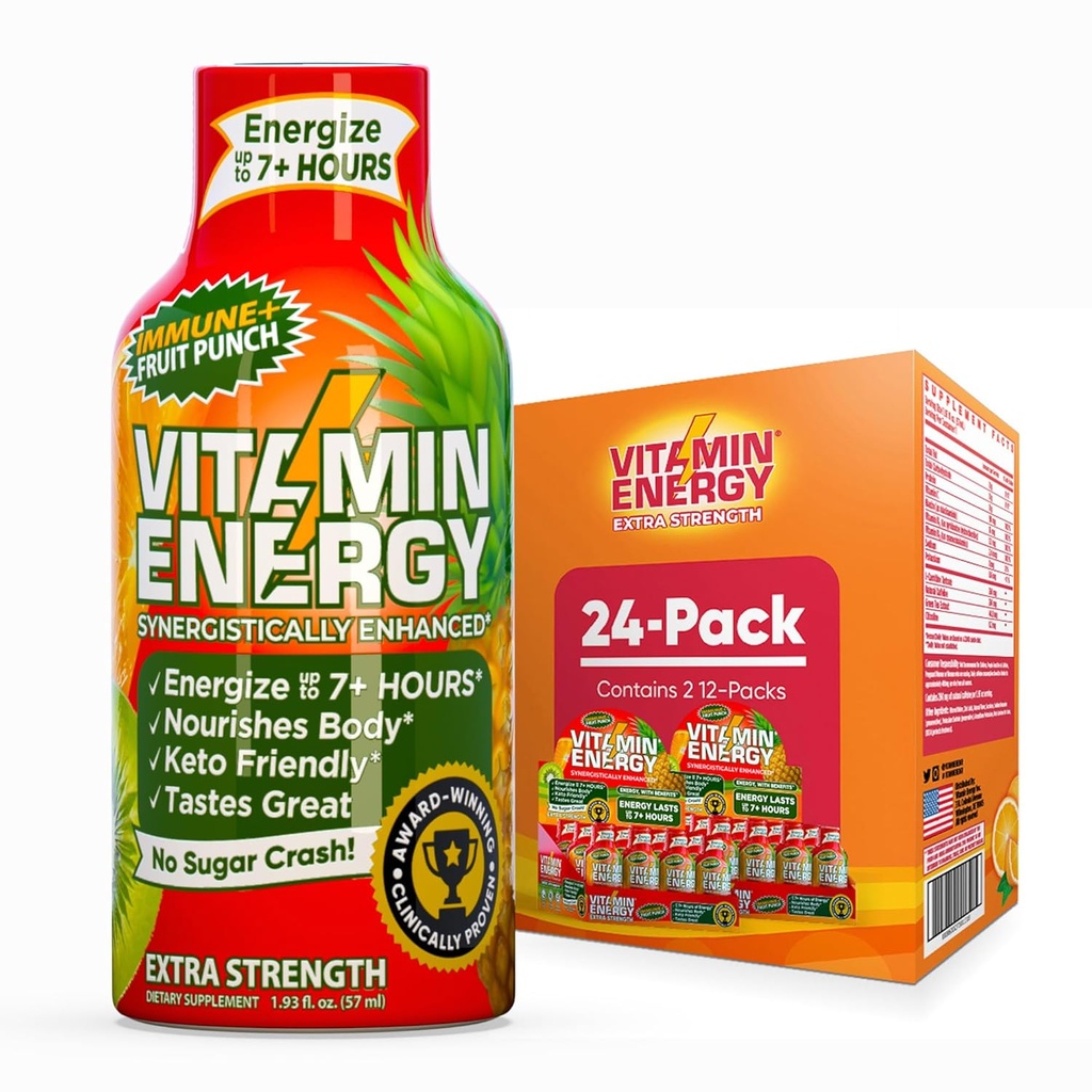 Vitamin Energy Immunum + ekstra styrke Energy Shot Fruit Punch 24 Pack, 260mg Natural Koffein, B- Vitamin, Citicolin, Green Tea, Immunity & Focus Support, Zero Sugar, Gluten- Free 1,93 fl oz