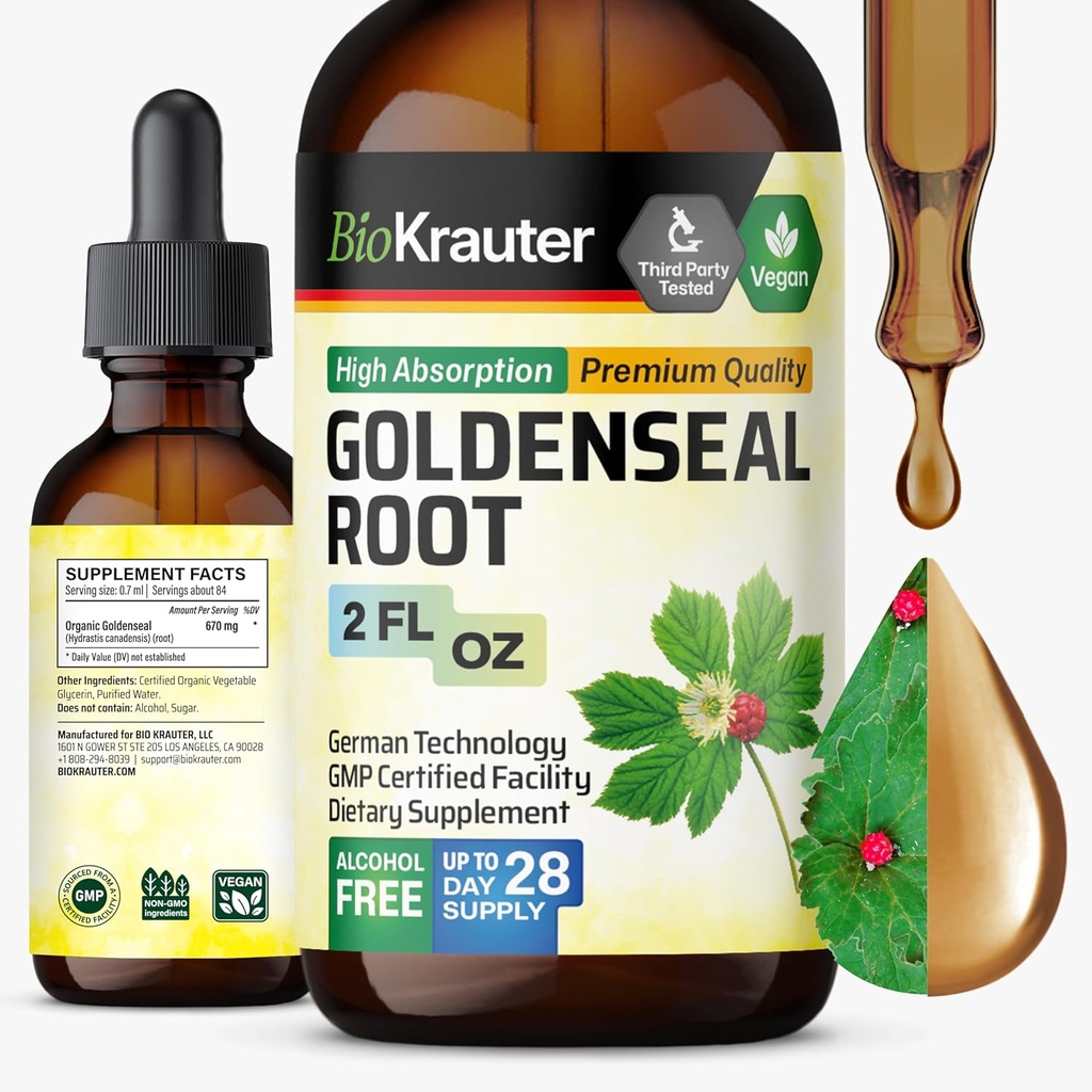 BIO KRAUTER Goldenseal Root Extract Liquid - Vegansk Respiratory Support - Golden Seal Drops - Alkohol & Sukker Free - 2 Fl.Oz.