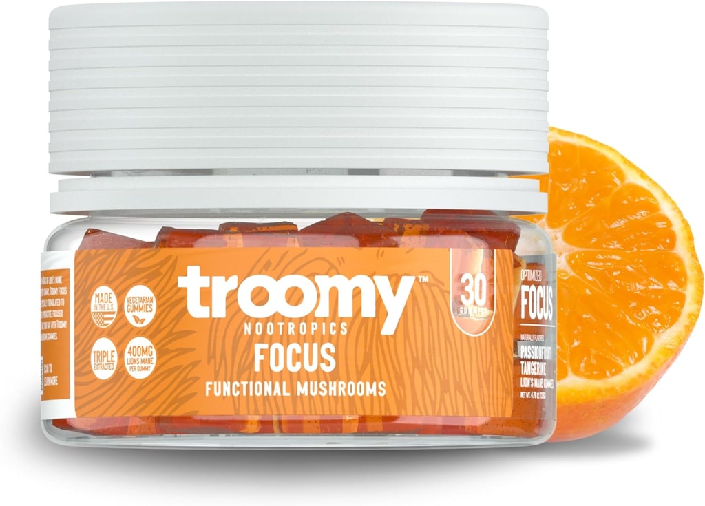 Troomy Lions Mane Focus Gummies 30 Greve - Natural Tangerine og Passionfruit Flavor, Gelatin- Free, Gluten- Free, Vegetar