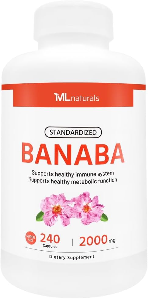 ML Naturals Standardized Banaba 2000 mg 240 Vegetabilske kapsler. Understøtter sundt immunsystem og metabolisk funktion. Non- GMO, NSF- Certified & cGMP- Compliant